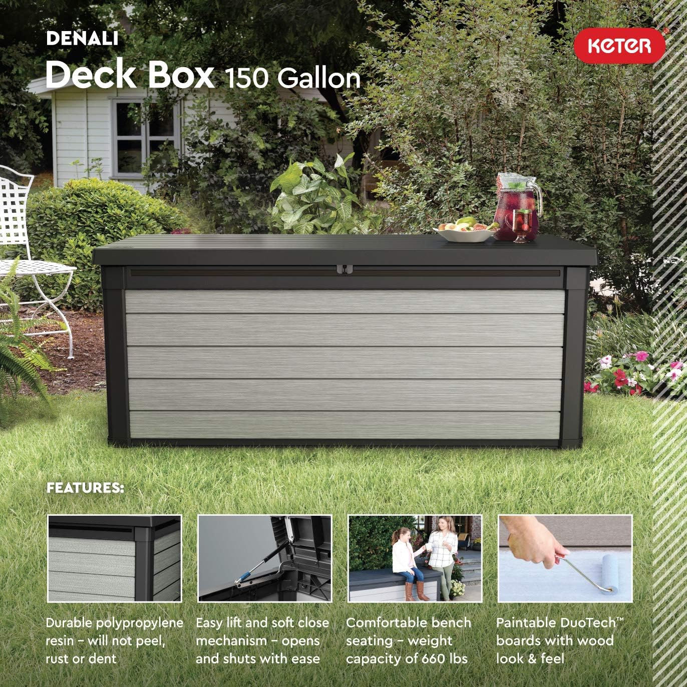 Keter Denali 150 Gallon Resin Large Deck Box-Organization and Storage for Patio Furniture, Outdoor Cushions, Garden Tools and Pool Toys, Grey & Black : Garden & Outdoor