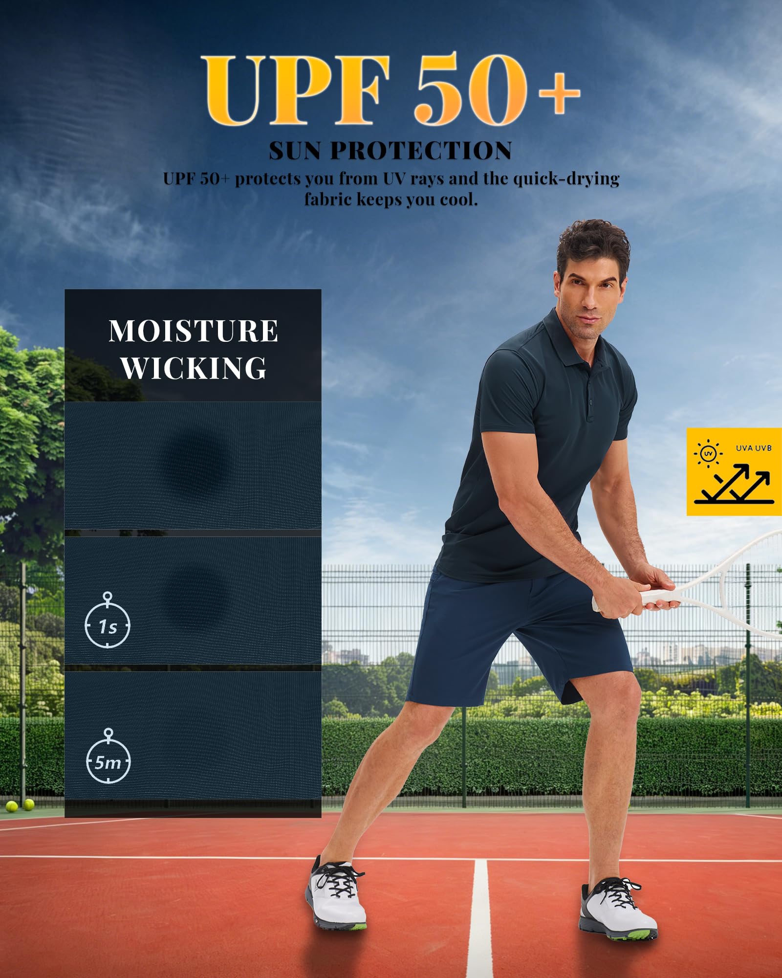 33,000ft Herren Poloshirt Golf Shirt UPF50+ Sonnenschutz Sommer Kurzarm Tshirts Schnelltrocknend Outdoor Sportshirt Männer zum Golf Tennis Dunkelblau(Nylon Spandex) L 3