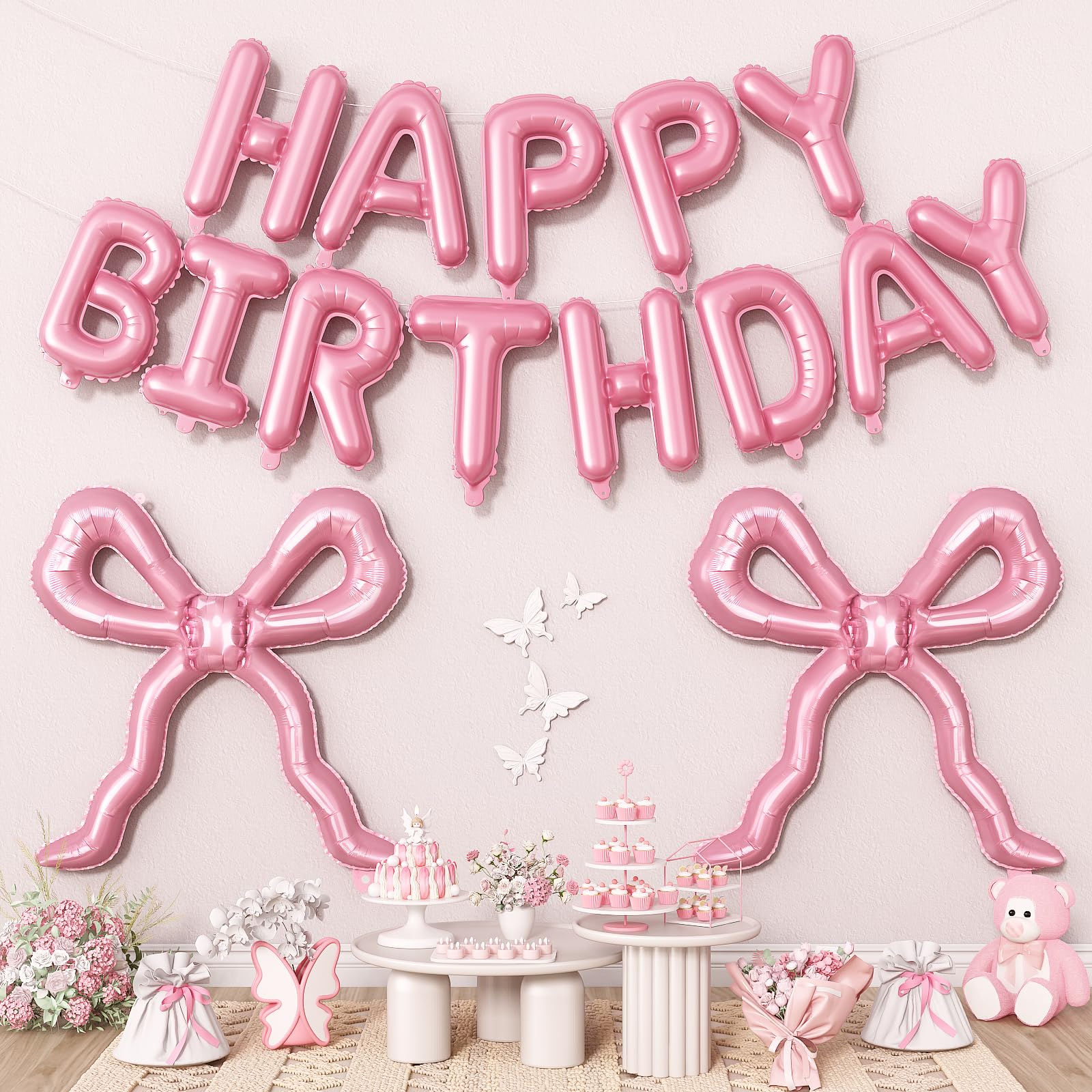 Pink Bow Happy Birthday Balloons Banner, 22 Inch Pearl Pink Bow Foil Balloons with 16 Inch Mylar Balloon Letter Banner Sign for Girls Women Coquette Birthday Decorations Princess Theme Party Supplies