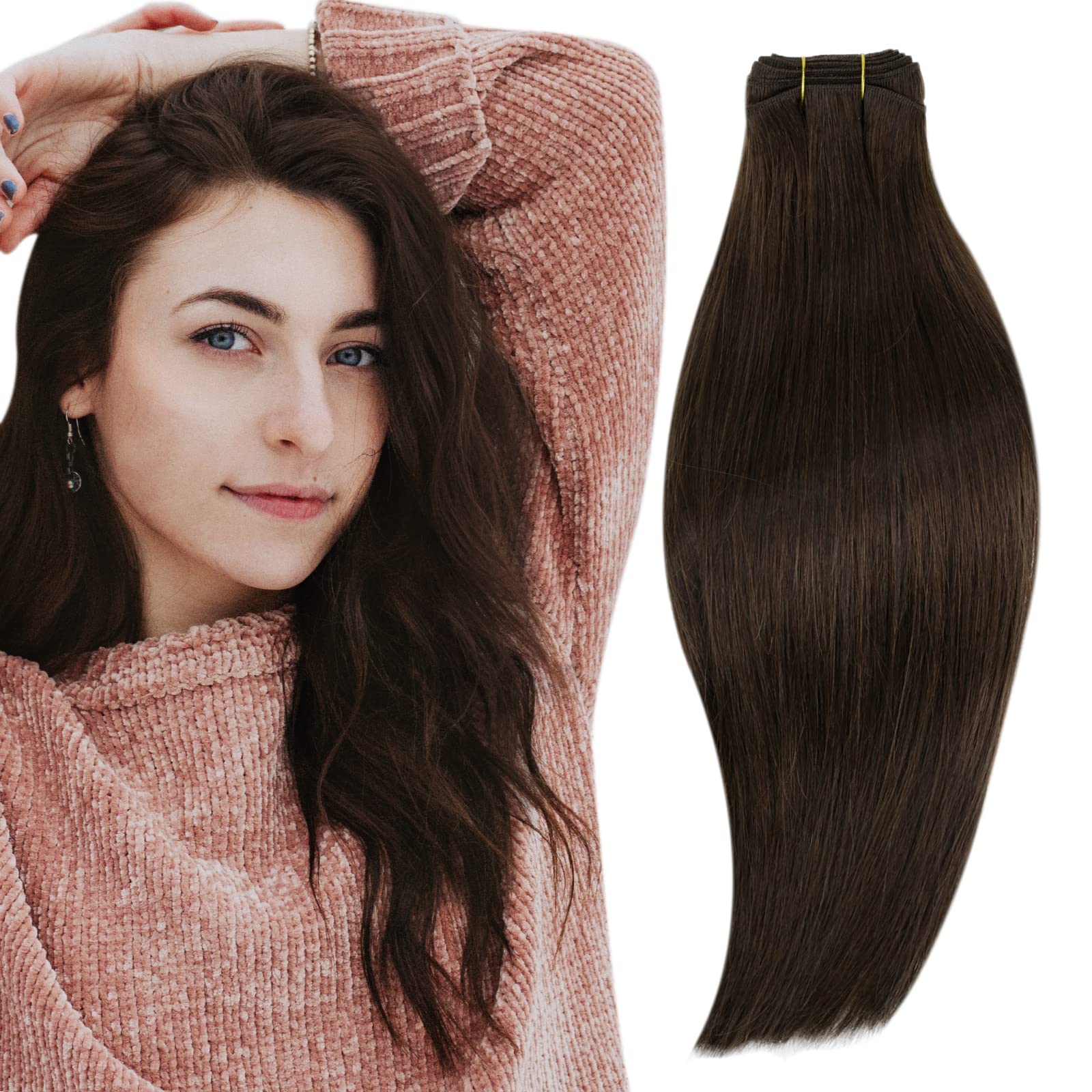 RUANTURE 20 Inch Weft Hair Extensions Real Human Hair Darkest Brown Sew in Hair Extensions Remy Human Straight Multiple Wearing Styles for Added Volume Invisible 100g/Pack #2