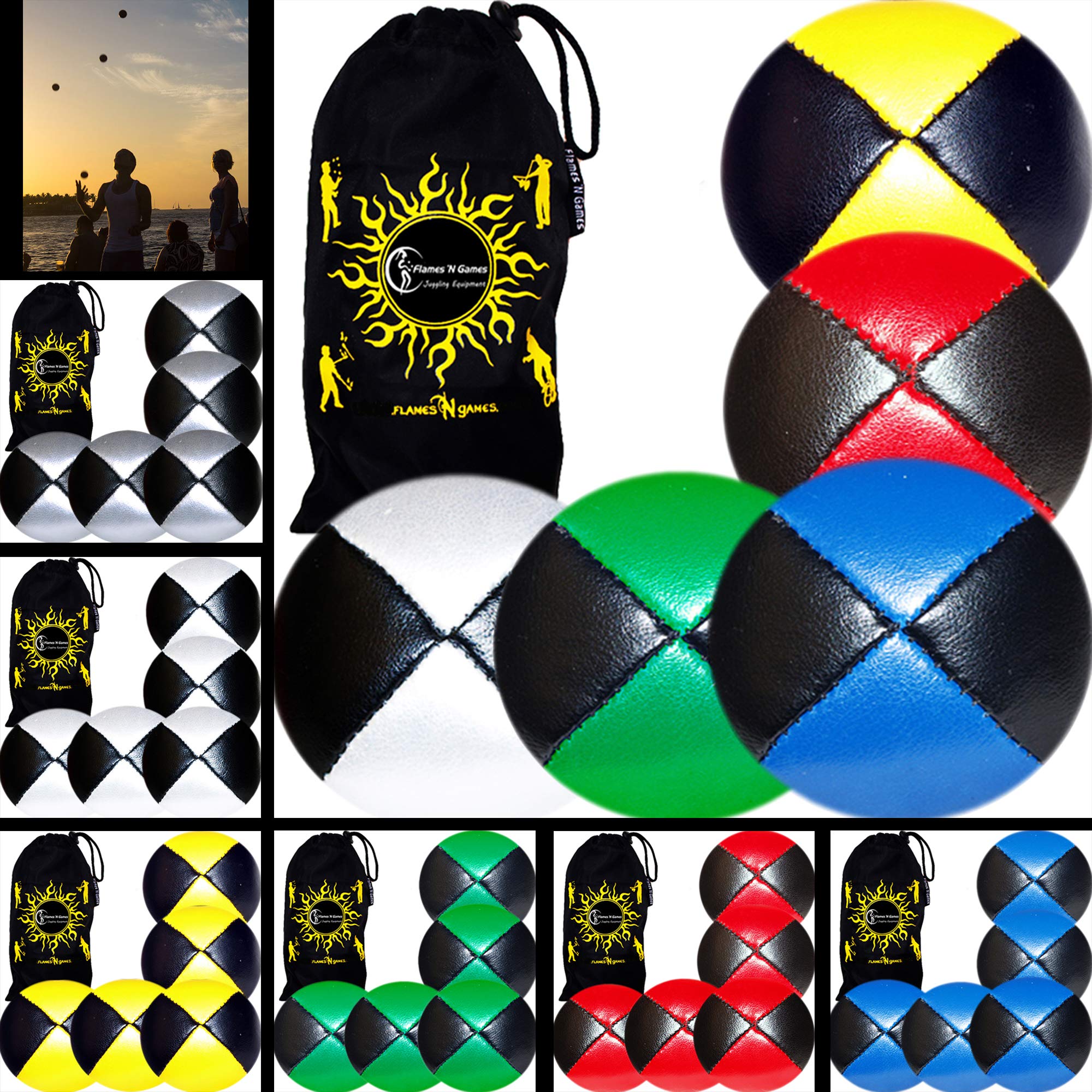 Flames 'N Games 5x Pro Thud Juggling Balls (LEATHER) Professional Juggling Balls Set of 5 + Travel Bag! (Black/Yellow)