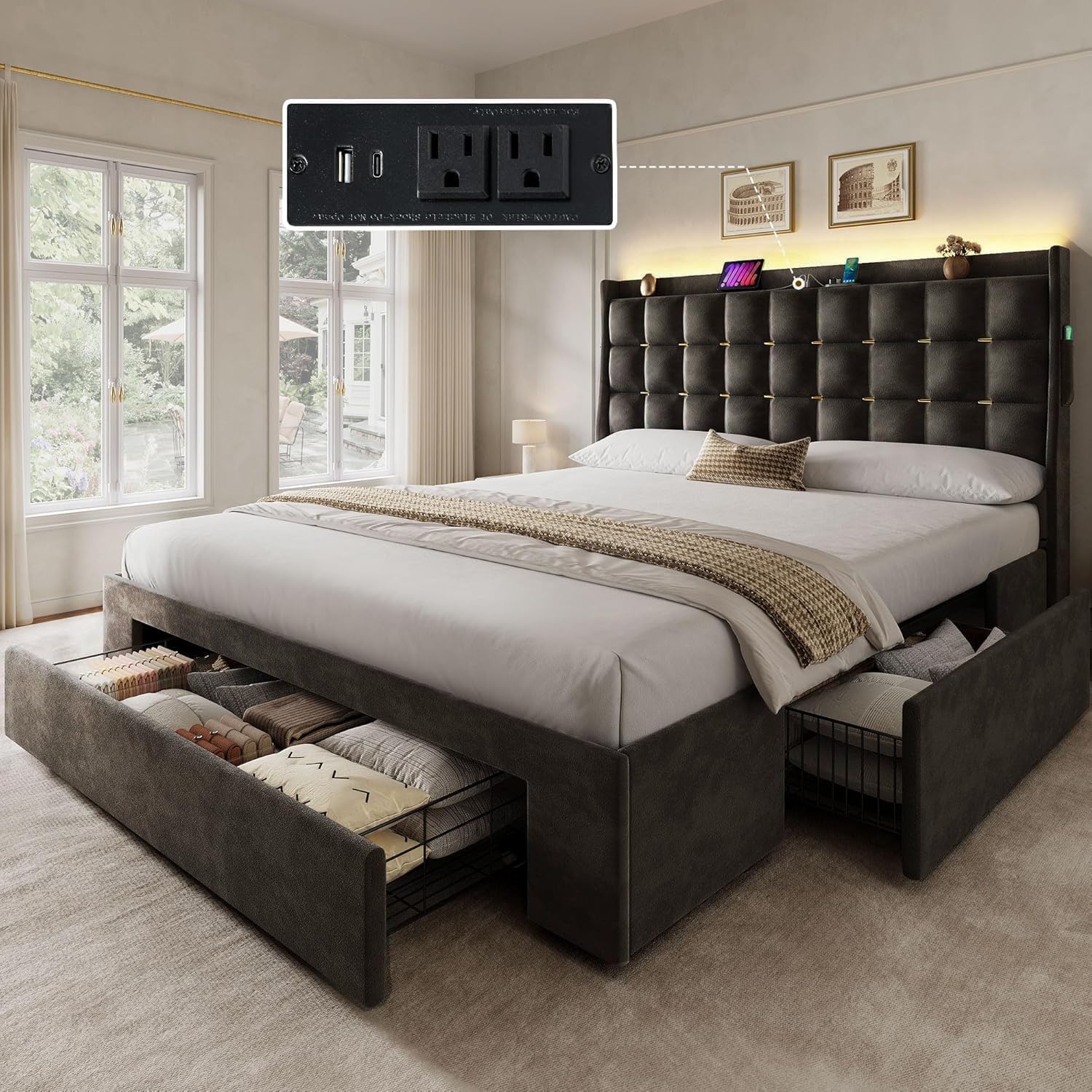 Photo 1 of ***BOX 1/2 ONLY***
YITAHOME Queen Size Bed Frame with 3 Storage Drawers and RGB LED Lights, Velvet Upholstered Bed with Charging Station and Storage Headboard, No Box Spring Needed, Easy Assembly, Noise-Free, Grey