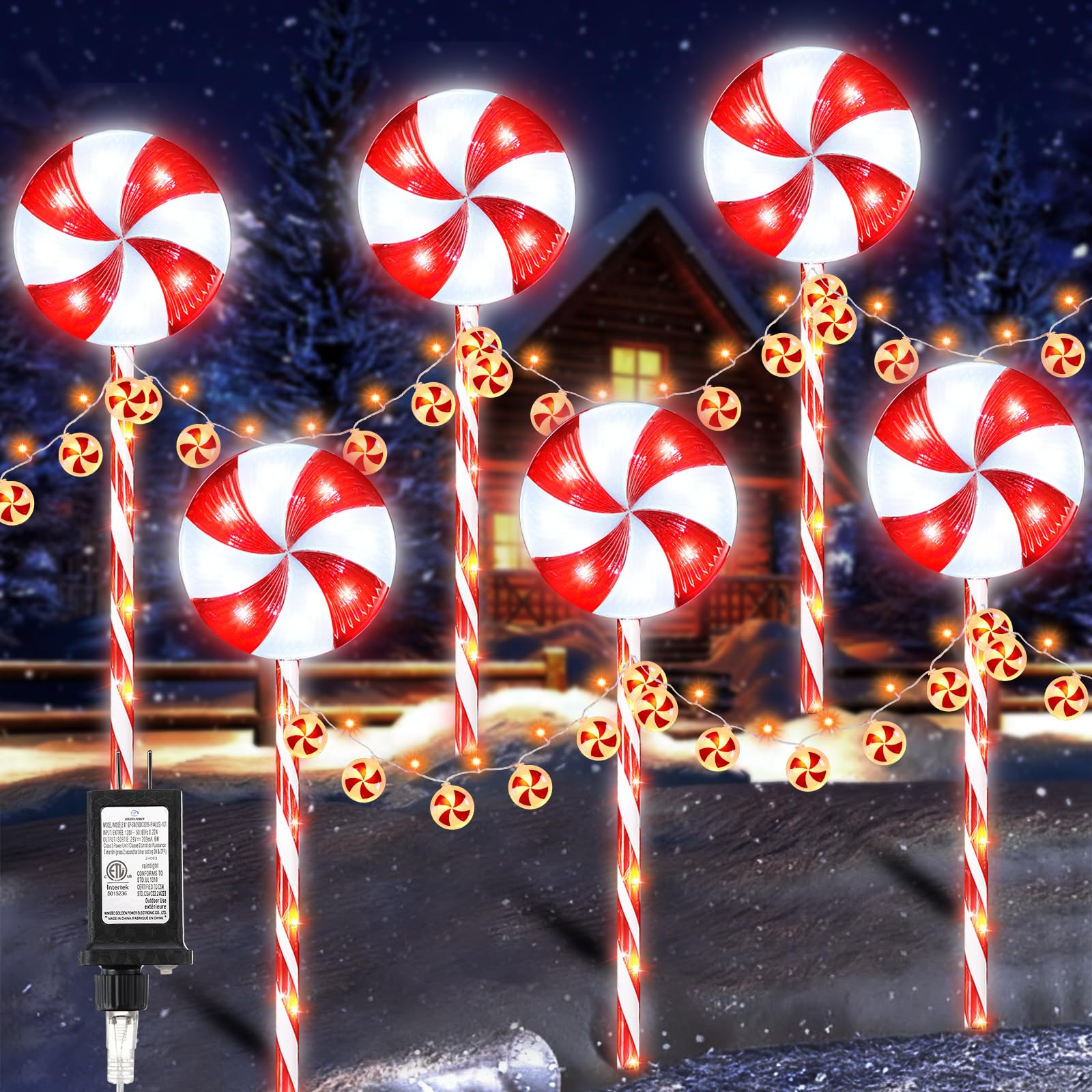 Photo 1 of 6 Pack Christmas Lollipop Pathway Lights Outdoor with 28PC Candy, 27" 176LED Peppermint Candy Cane Decoration with 8 Mode&Timer&Stake, Pathway Marker Light for Walkway Outsides Decor (Red,White)