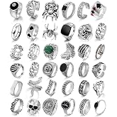 GIFIKOI 36Pcs Vintage Silver Punk Rings Set for Men Cool Gothic Chunky Rings Signet Band Men's Skull Snake Bat Statement Knuckle Rings Set