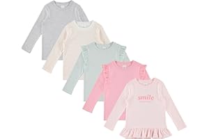 Cudlie 5-Pack Infant/Toddler Girl Long Sleeve Shirt - Basic Baby Tees, Blouses, Tops - Solid Print & Ruffled Tshirts