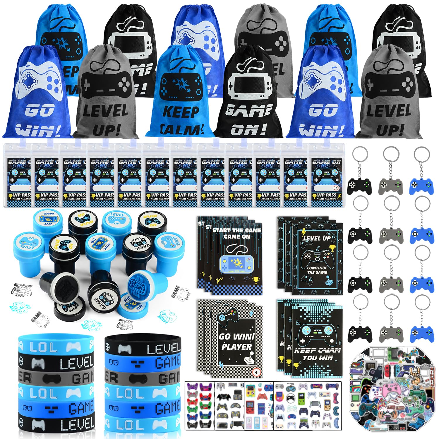 Photo 1 of 126 PCS Video Game Party Favors, Gaming Birthday Party Favors with Drawstring Bags VIP Pass Tickets Stamper Keychain Notebook Game On Party Favor Bags Gamer Party Supplies for Kids Adult