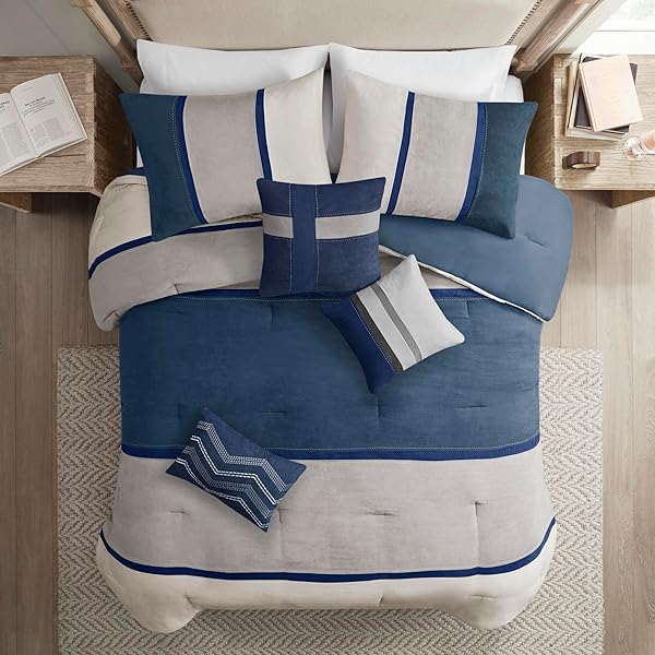 MADISON PARK PALISADES COMFORTER SET MODERN FAUX SUEDE PIECED STRIPE DESIGN, ALL SEASON DOWN ALTERNATIVE COZY BEDDING WITH MATCHING SHAMS, DECORATIVE PILLOWS, CAL KING(104″X92″), BLUE 7 PIECE