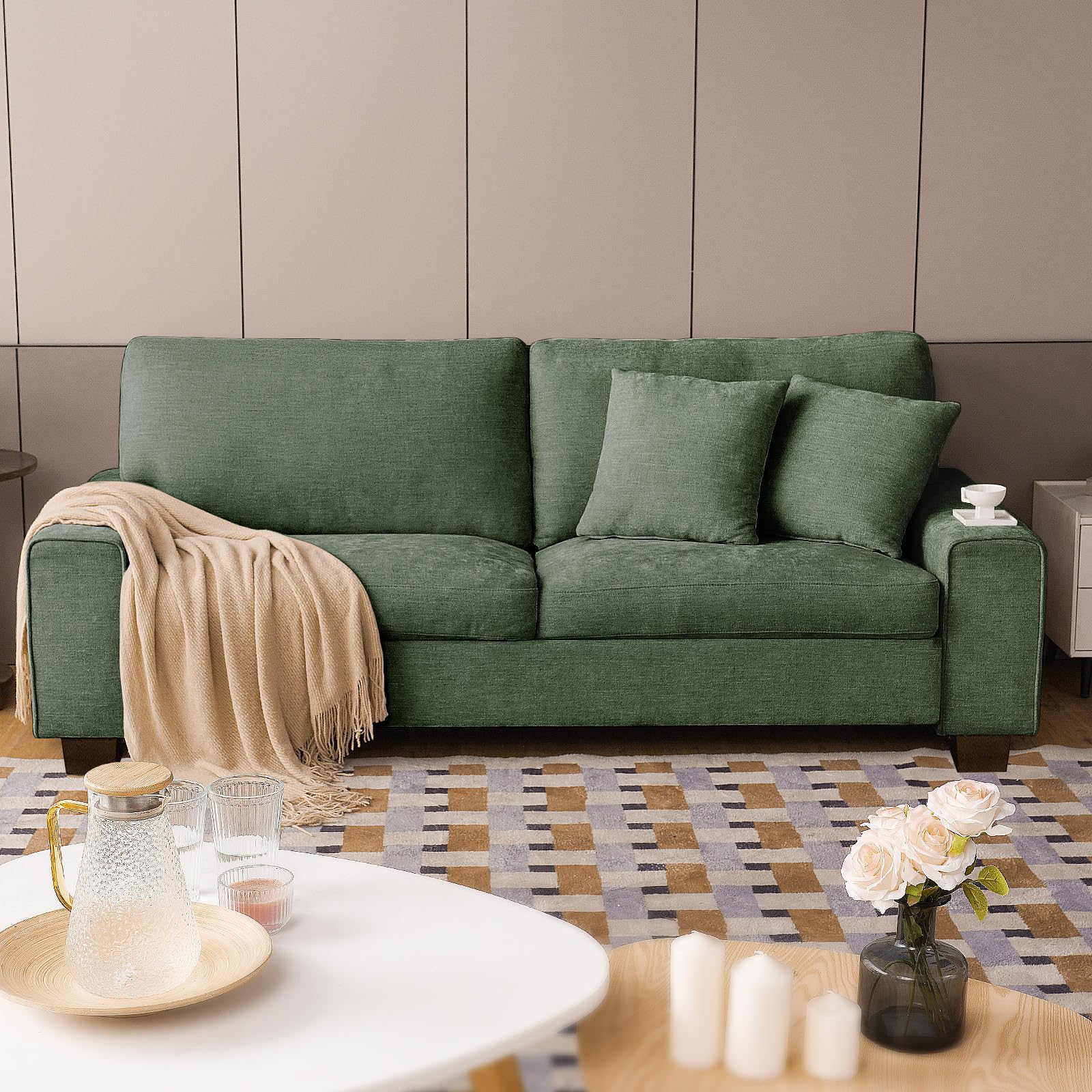 DOPEDIO Modern Loveseat Sofa for Living Room,Chenille Recliner, Removable Cover, Spring Cushions, Solid Wood Frame, Easy Assembly for Small Spaces (88.58inch，Green) Image