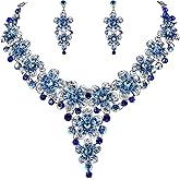 BriLove Wedding Bridal Jewelry Set Crystal Multi Hibiscus Flower Enamel Statement Neckalce Dangle Earrings Royal Blue Sapphire Color Silver-Tone