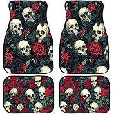 Skull Car Floor Mats Set of 4 Rose Vintage Gothic Art Red Black Green Automotive Car Floor Carpets Non-Slip Auto Car Accessories Universal Fit for Car SUV Truck Van