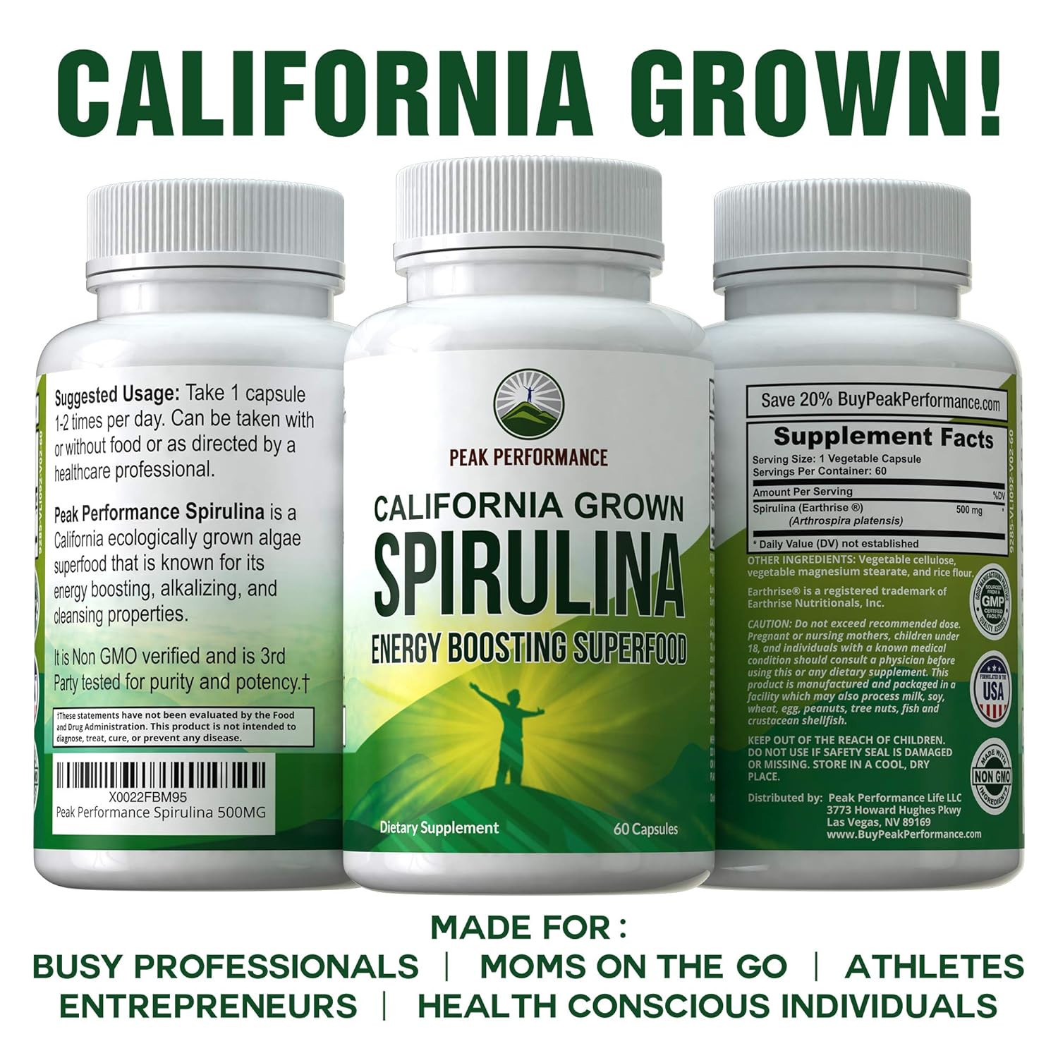 California Grown Spirulina Tablets. Ecologically Grown Algae Superfood