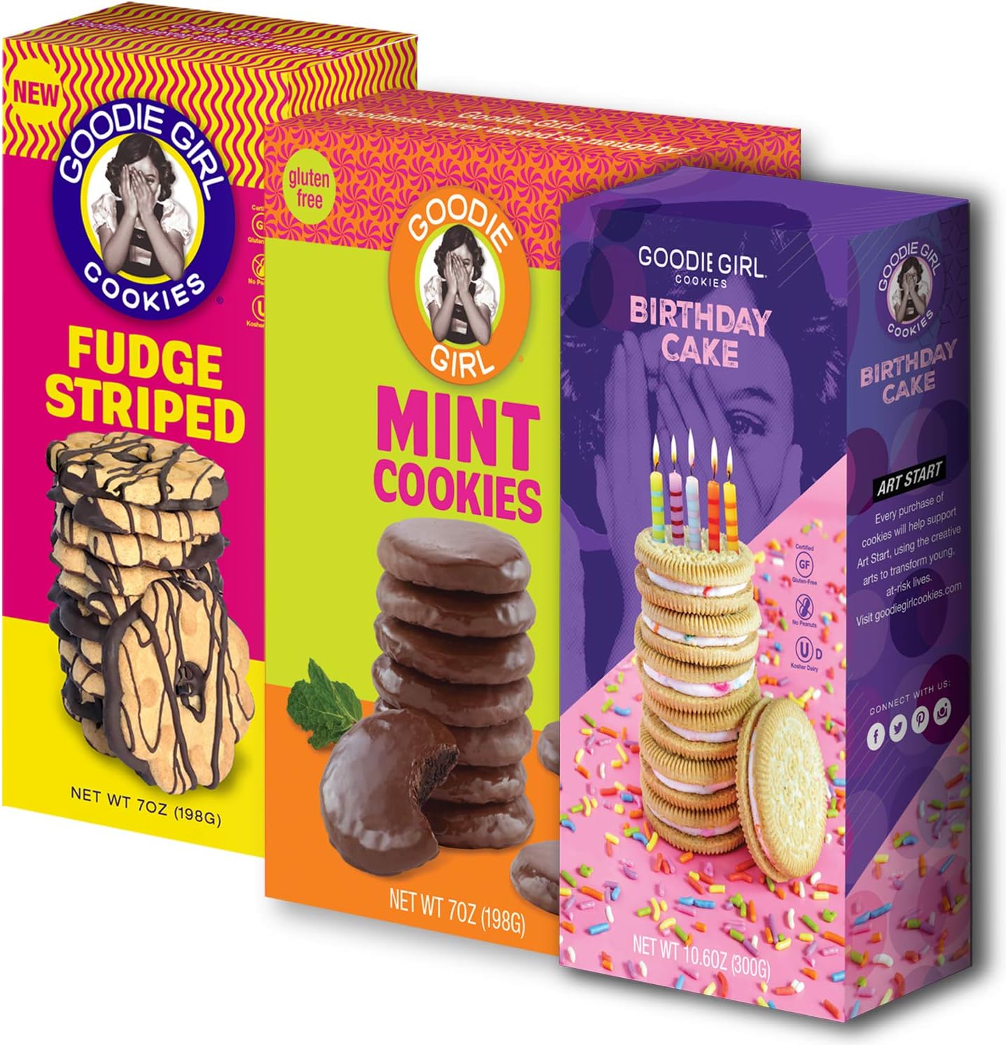 Goodie Girl Cookies Gluten Free Cookies Birthday Cake, Mint Cookies & Fudge Striped Variety Pack Peanut Free Cookies (3 Pack)