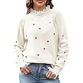 Gihuo Valentines Sweater for Women Heart Embroidered Sweaters Cute Lace Trim Knit Pullover