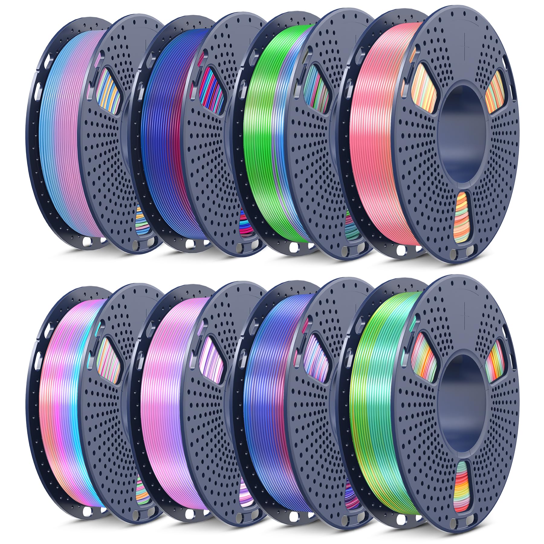 SUNLU 3D Printer Filament Bundle, PLA+ Silk Rainbow Filament Multicolor 1.75mm, Individually Vacuum Packed, 250G Spool, 8 Rolls, 2kg in Total, 8 Rainbow Color, Suit for Christmas Print Image
