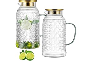 Buaic Glass Pitcher with Lid, 2 PACK 68 oz/2L Liter Vintage Water Pitcher, Clear Borosilicate Glass Water Carafe for Cold Brew, Coffee, Lemonade, Iced Sun Tea,Beverage, Heat Resistant Water Glass Jug