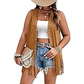 Verdusa Women's Plus Size Fringe Vest Faux Suede Rivets Sleeveless Tassel Jacket Western Cowgirl Outfits
