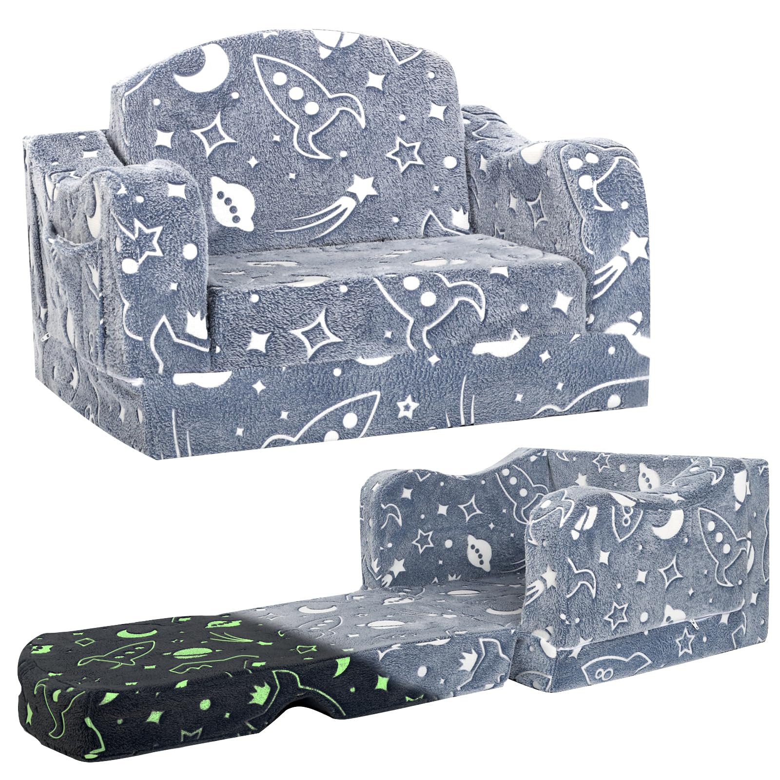 Glow-in-the-Dark Toddler Couch – 2-in-1 Fold-Out Sofa With Blanket, Side Pockets, Soft Plush For Playroom