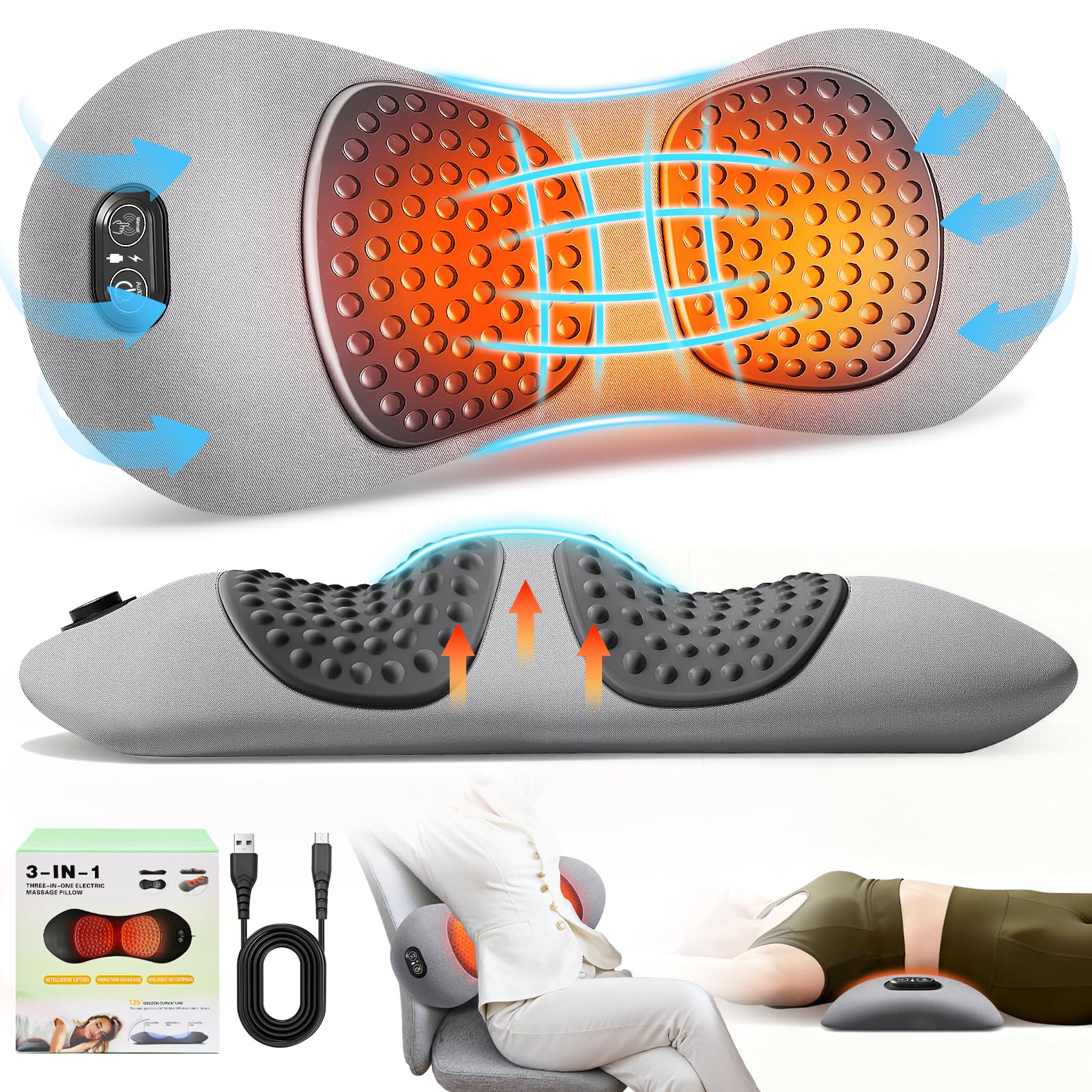 3-in-1 Electric Lumbar Support Pillow,Triple Fusion Back Massager with Heat,Vibration&Traction,Back Support Pillow for Bed&Chair,Lumbar Support Pillow for Lower Back Pain Relief&Spine Support-SoftGray