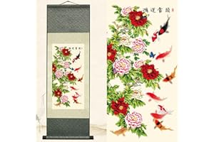 Newscz Asian Wall Art for Living Room Chinoiserie Decor Vertical Wall Scroll Silk Scroll Painting Art Poster Peony Flowers & Fish Oriental Decor Art Mural Ready to Hanger 36 by 12 in