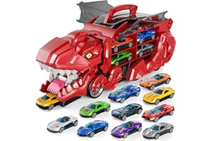 Toddler Truck Toys for 3 4 5 6 Years Old Boys, Toys Cars Track Set Dinosaur Transporter Truck with 10 Die-Cast Car Toys, Tran