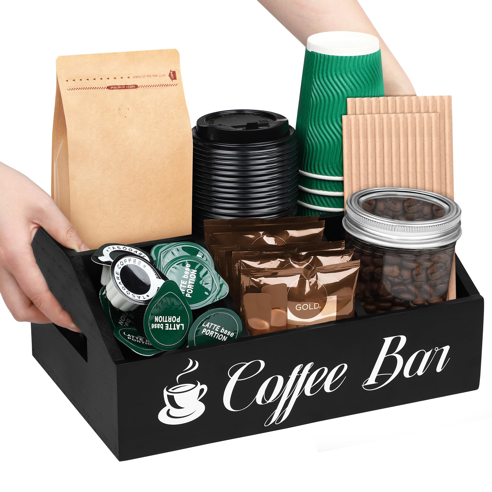 Photo 1 of TURSTIN Coffee Bar Organizer with Hollow Handle Wood Coffee Station Organizer for for Coffee Bar Accessories, Countertop, Farmhouse Coffee Pod Condiment Organizer for Coffee Bar Decor, Black