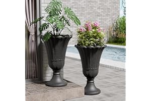 FONTOI 23" Tall Plastic Urn Planter (2-Pack) – Planters for Outdoor Plants with Drainage Holes & Petal Design, Heavy-Duty Classic Indoor Large Flower Pots for Home Garden, Front Porch & Decor, Black