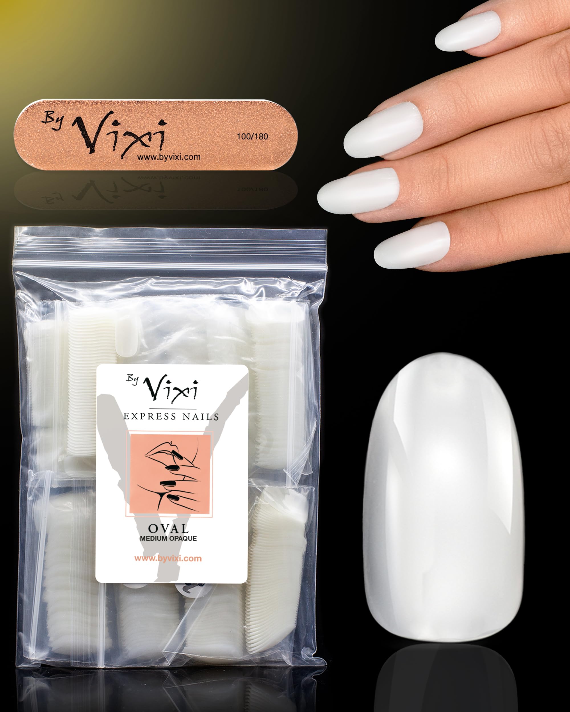 600 Medium Oval Press On Nails Set with 2g By Vixi Extra Strong Nail Glue & File – Natural Full Cover False Nails, Stick On Fake Nail Tips, 10 Sizes, Acrylic Nail Extensions for Gel Polish & Nail Art