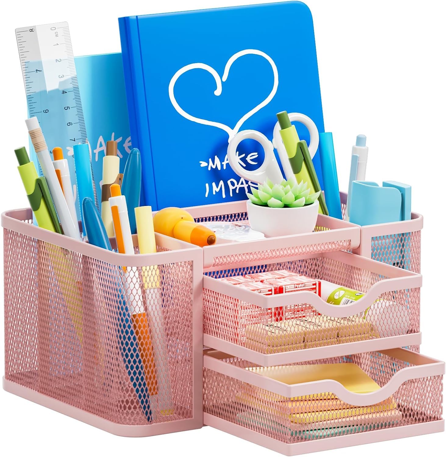 Marbrasse Mesh Desk Organiser, Pen Organiser with 2 Drawer, Multi-Functional Pencil Holder for Accessories with 5 Compartments + Drawer for Home Office Supplies(Pink)