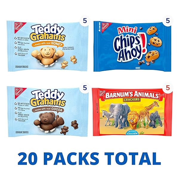 NABISCO FUN SHAPES VARIETY PACK, BARNUM’S ANIMAL CRACKERS, TEDDY GRAHAMS AND CHIPS AHOY! COOKIES, 20 SNACK PACKS
