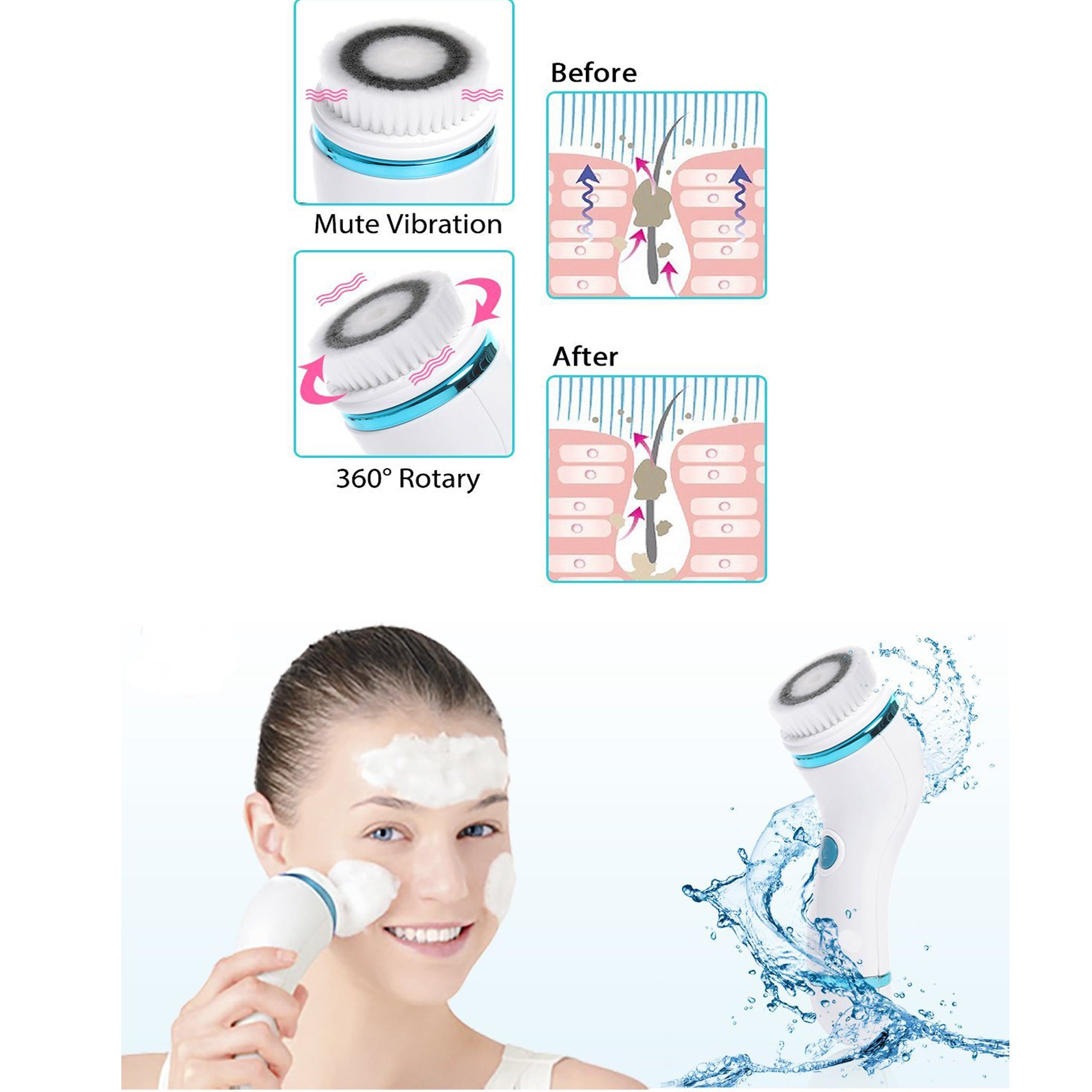 Zinnor Facial Brush 2 Speed Deep Cleansing Facial Brush Spin Brush with 4 Massager Brush Heads Remove Blackhead Cleansing System