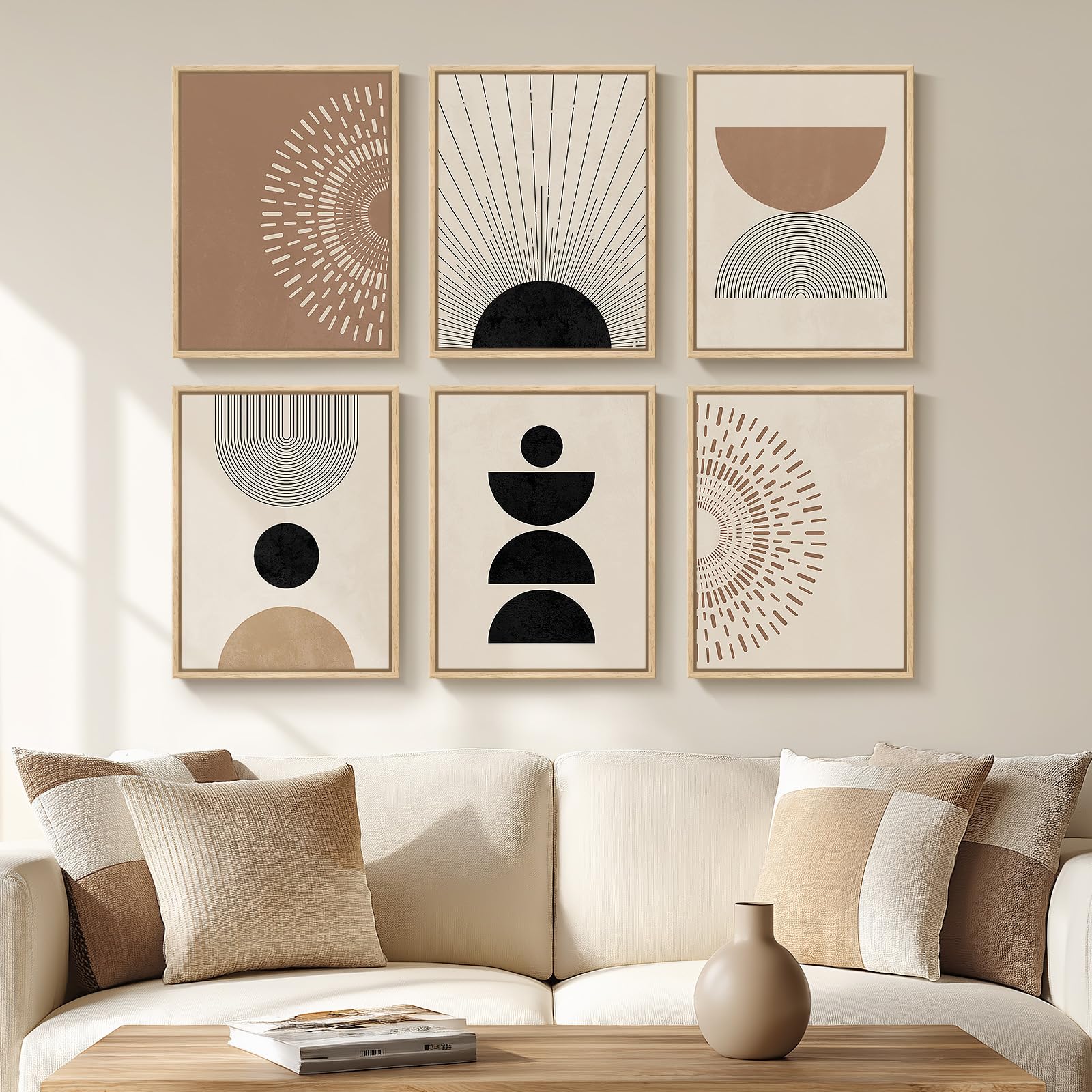 Photo 1 of 6 Piece Framed Boho Neutral Wall Art Set, Modern Abstract Geometric Canvas Painting Prints, Brown Black and Beige Minimalist Picture Artworks for Living Room Dining Room Bedroom 11x14 Inch
