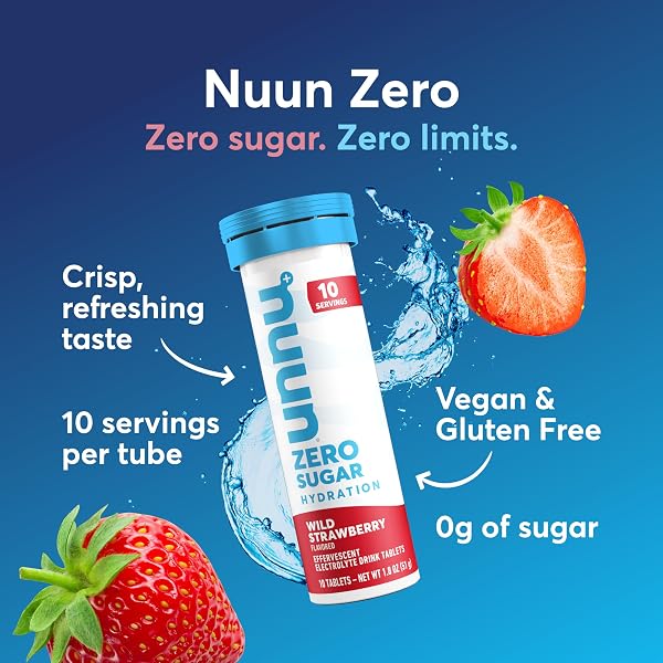 NUUN ZERO SUGAR HYDRATION ELECTROLYTE TABLETS – SODIUM, POTASSIUM, CHLORIDE, CALCIUM, MAGNESIUM, LIGHT & DELICIOUS FRUIT FLAVORS, NO SUGAR, GLUTEN FREE, VEGAN, WILD STRAWBERRY (80 TOTAL SERVINGS)