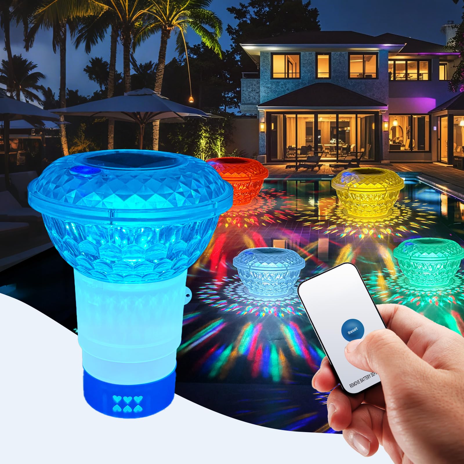 Photo 1 of Pool Chlorine Floater Solar Light, Floating Chlorine Dispenser with Colorful Light for Swimming Pool Outdoor, Fits 1" and 3" Tablets, Adjustable Flow, Remote Control, Suitable for Bathtub Party Decor