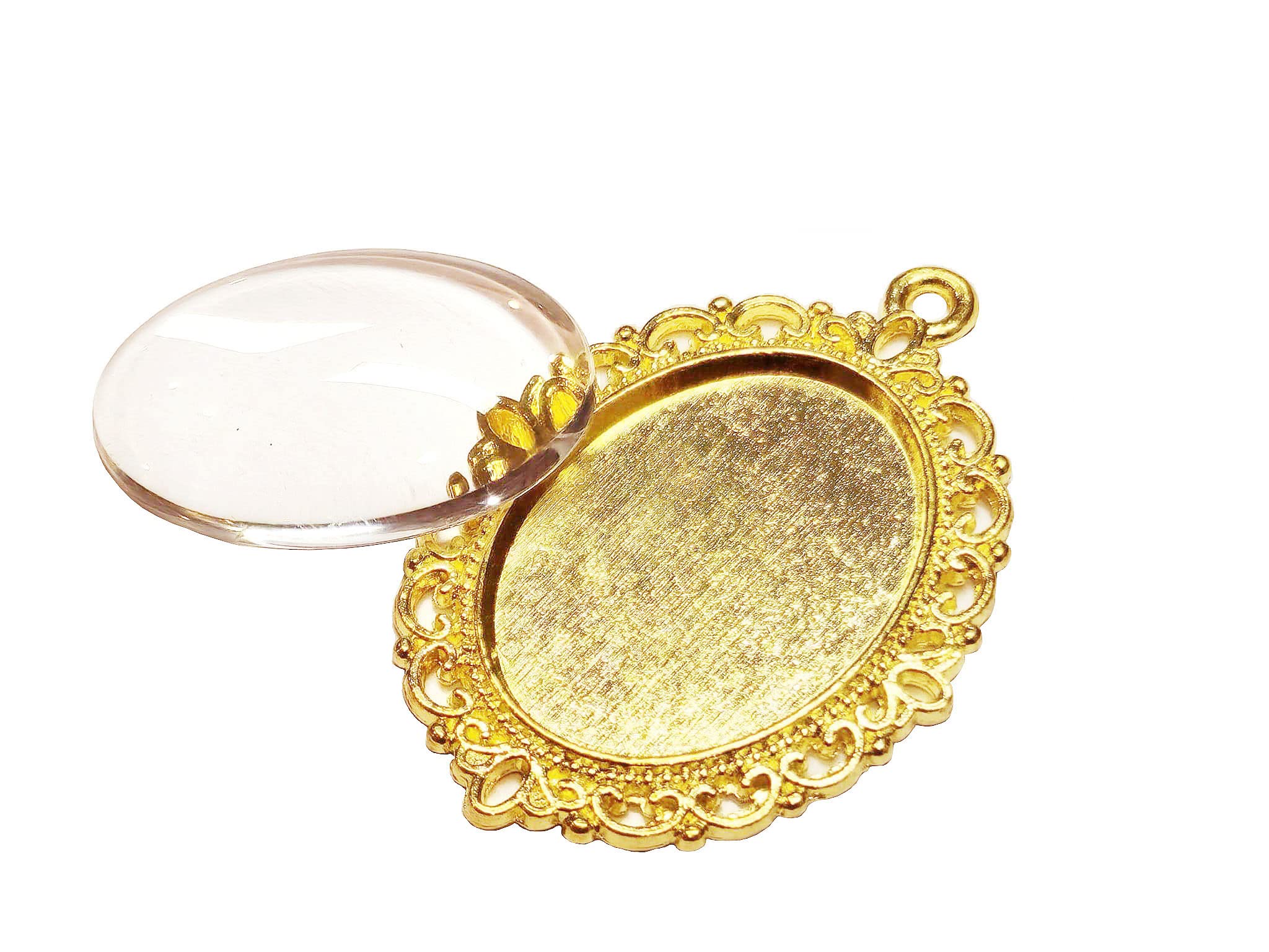 Perlin 8 Pieces 4 Pieces Charm Empty Bezel Tray Medallions Metal Pendant Setting Jewellery 18 x 25 mm Oval 4 Pieces Clear Glass Cabochon Craft Set, 40x45mm Medaillons für 25x18mm Cabachon, Brass Glass