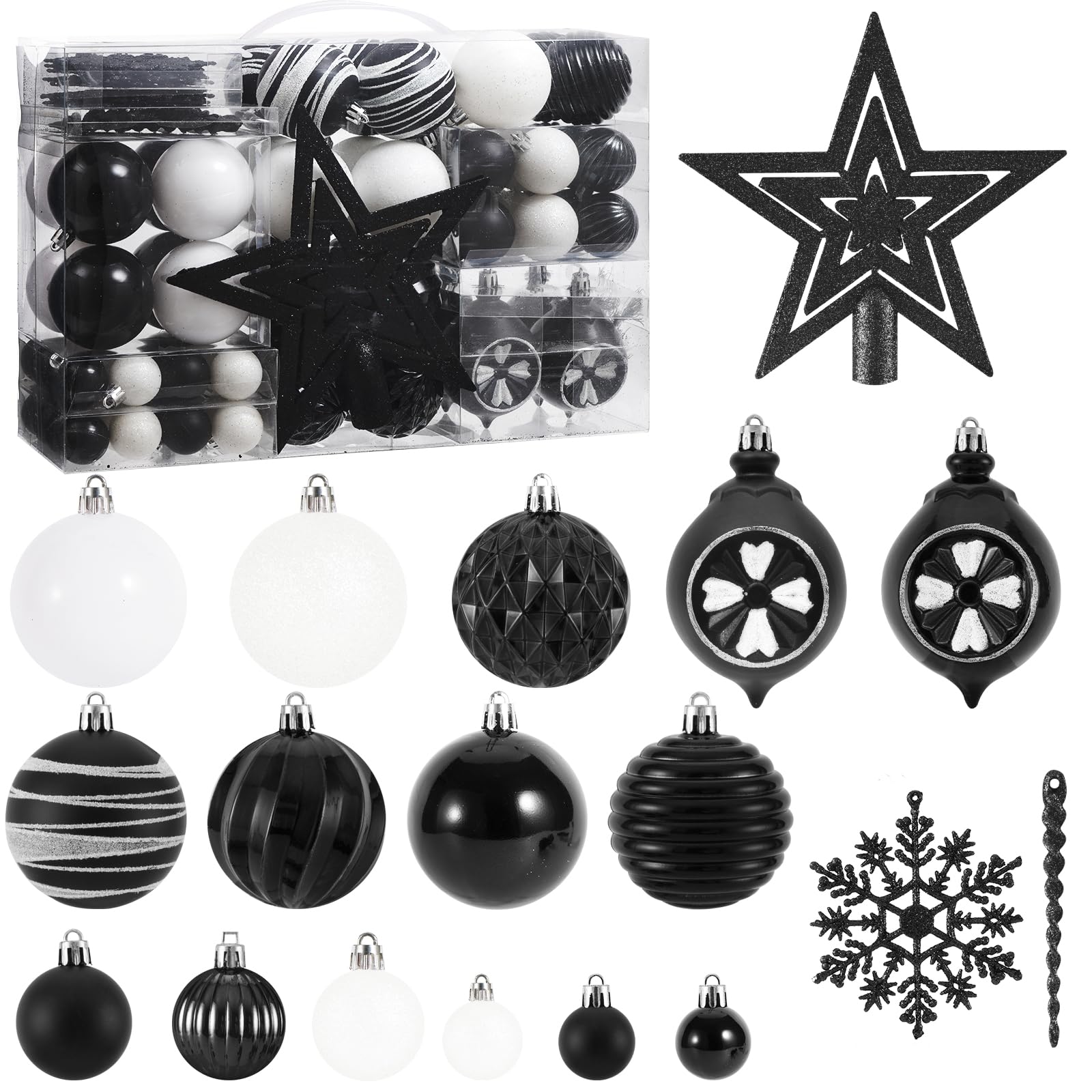 Photo 1 of 100PCS Christmas Tree Balls Ornaments Set with Topper, Black+White Shatterproof Hanging Christmas Tree Decorations