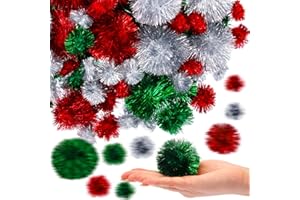Knitgrip 150 Pcs Large Glitter Tinsel Pom Poms 2.5" 2" 1.4" 1" Christmas Pom Pom Balls Red Green Silver Jumbo Sparkle Balls Cat Toys for DIY Craft Making and Christmas Decorations