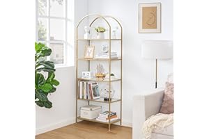 Homhedy Bookshelf Arched Display Racks,Metal Bookcase,Tempered Glass Shelves,Storage Rack Shelf for Home Office,Living Room,Bedroom, Bathroom,Modern Style (Golden, 11.8" D x 23.6" W x 62.2" H)