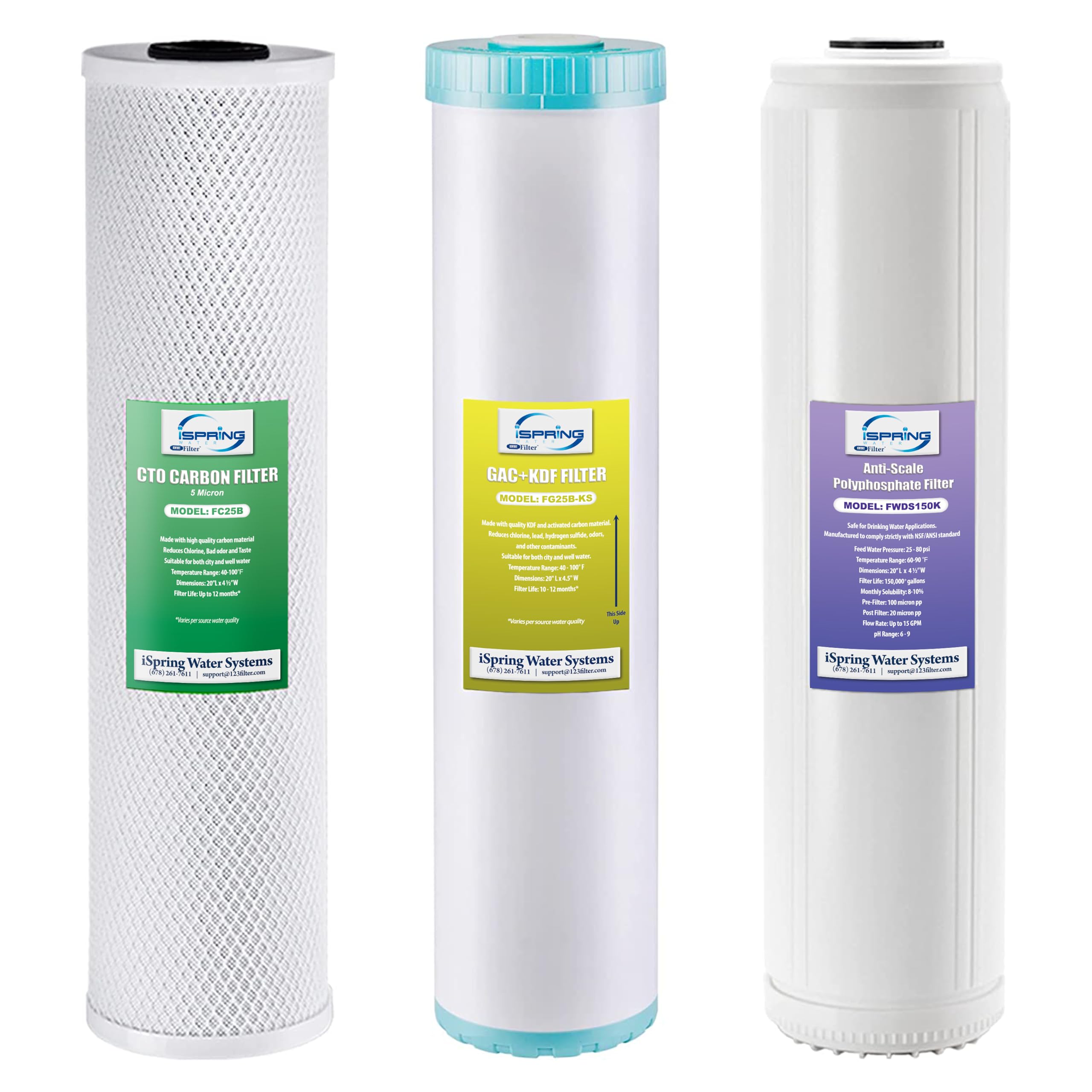 Photo 1 of iSpring F3WGB32BKDS 4.5” x 20” 3-Stage Whole House Water Filter Replacement Pack with Polyphosphate Anti-Scale, GAC+KDF, and CTO Carbon Block Water Filters, Fits WGB32B-KDS