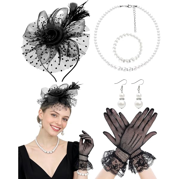 BABEYOND Tea Party Hat and Gloves Set for Women Pillbox Veil  display picture 3