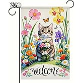 BlissYard Spring Garden Flag12x18 Double-Sided Cat with Flower Bouquet Butterfly and Floral Design Spring Decor Springs Decorations for Yard Patio Porch and Outdoor Seasonal Decorations