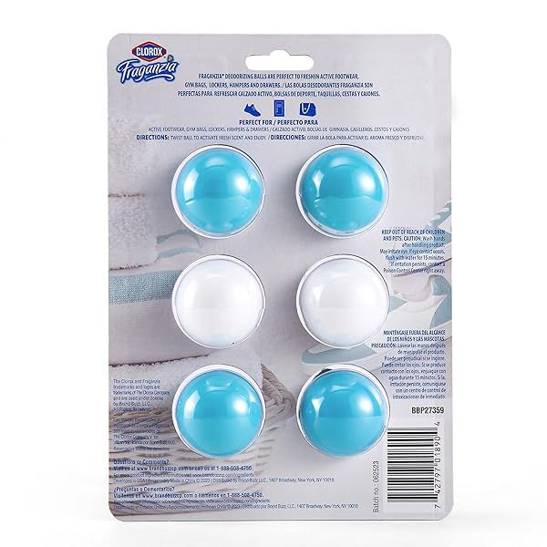 CLOROX FRAGANZIA DEODORIZING BALLS FOR SHOES & SMALL SPACES, BATTERY-FREE NO-PLUG AIR FRESHENER PODS, TWIST-TO-ACTIVATE ODOR REFRESHER FOR GYM BAGS, LOCKERS & DRAWERS, FRESH OCEAN BREEZE, 6 COUNT