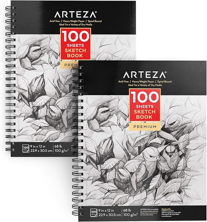 Arteza 9x12 Sketch Book Pack Of 2 200 Sheets 68 Lb100gsm Spiral Bound Artist Sketch Pad 100 Sheets Each Durable Acid Free Drawing Paper