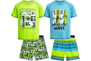 Quad Seven Boys Rash Guard Swimsuit Set – 4-Piece Kids Short Sleeve Bathing Suit Swimwear Sets (Sizes: 5-12)