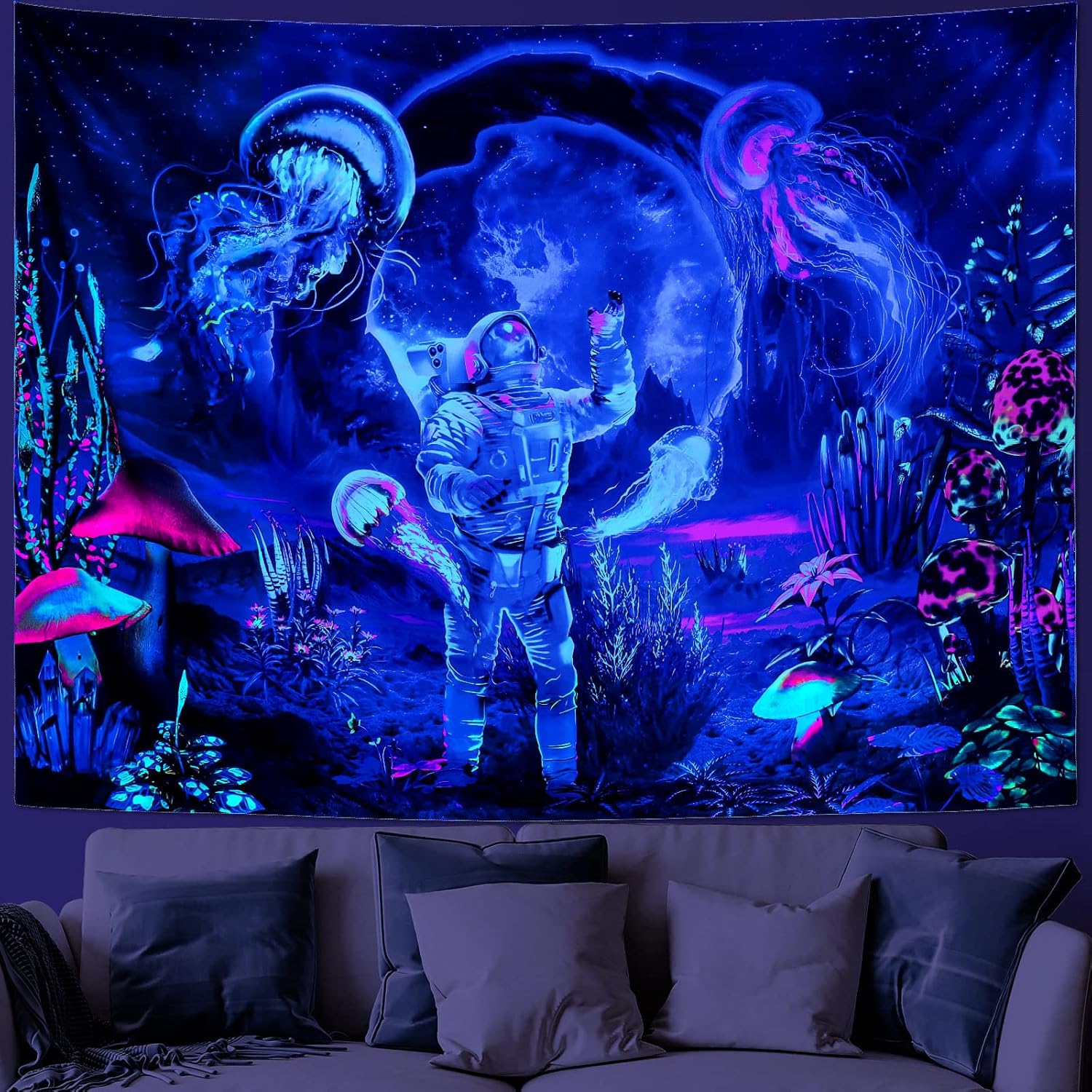 Tapestries - MitoGadget Blacklight Astronaut Tapestry for Bedroom Aesthetic, Trippy Tapestry UV Reactive Jellyfish Tapestry Underwater World Tapestries Wall Hanging Decor, 59.1ʺ x 51.2ʺ