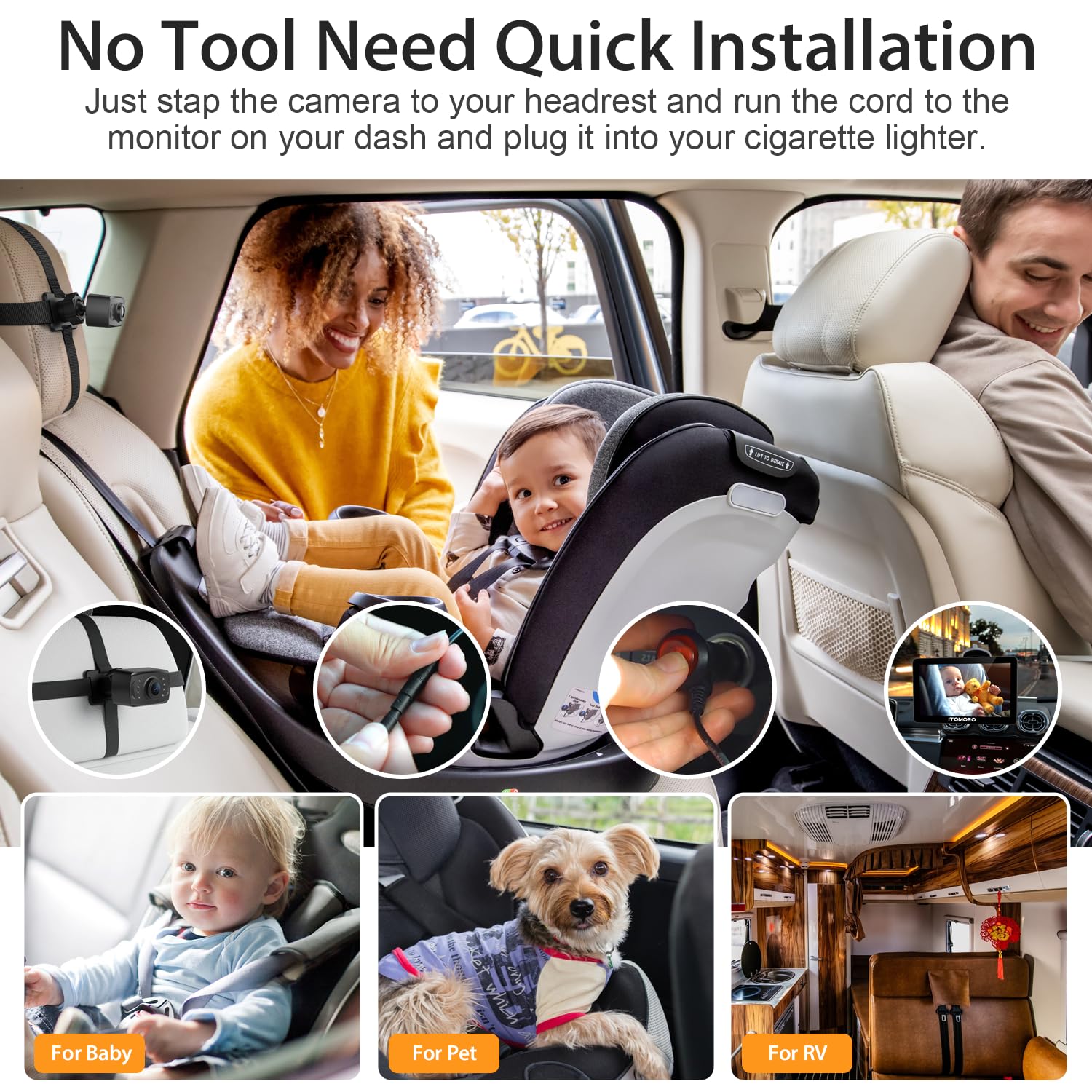 Itomoro Rear Facing Mirrors, 2 Kids Baby Car Camera, 7'' Ultra Wide 1080P HD Display with 2 IR Night Vision Cameras, 150° Wide Angle, 360° Rotatable, Easy Install