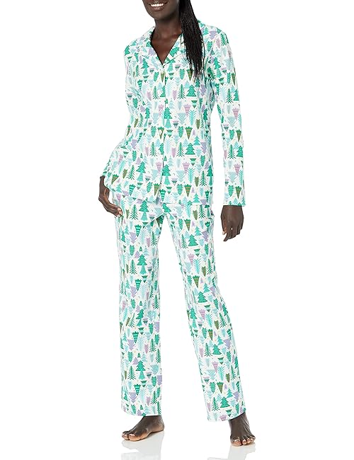 Amazon Essentials Women's Flannel Long-Sleeve Button Front Shirt and Pant Pajama Set, Ecru Festive Tree, X-Small