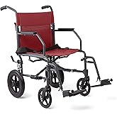 Medline Basic Steel Transport Chair - Full-Length Arms, Swing-Away Footrests, 12" Wheels - Gray/Burgundy - Durable & Convenie