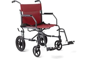 Medline Basic Steel Transport Chair - Full-Length Arms, Swing-Away Footrests, 12" Wheels - Gray/Burgundy - Durable & Convenient Mobility Aid