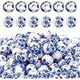100PCS 10mm Ceramic Beads Handmade Porcelain Blue Flower Round Loose Beads Craft Beading for Jewelry Making DIY Crafts Bracelets Necklace