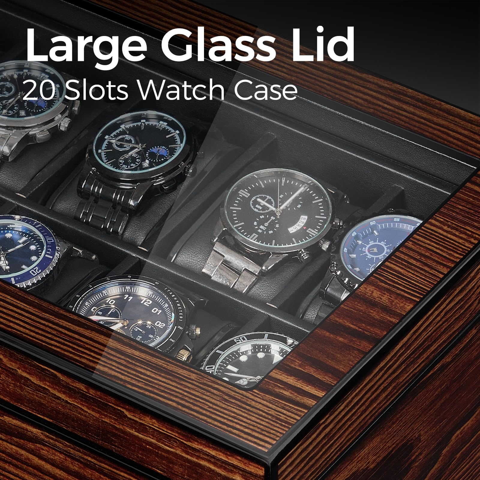 BEWISHOME BEWISHOME High-End Watch Box, 20-Slot Watch Case with Large Glass Lid, Wooden Watch Cases for Men, Watch Storage, Watch Organizer, Synthetic Leather Interior, Brown SSH04Y